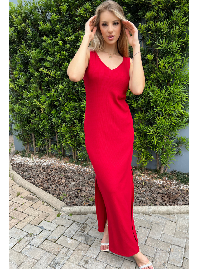 Vestido Canelado Regata Longo Feminino Lamour