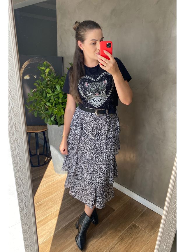 Saia Plissada Camadas Estampadas Feminina Lamour